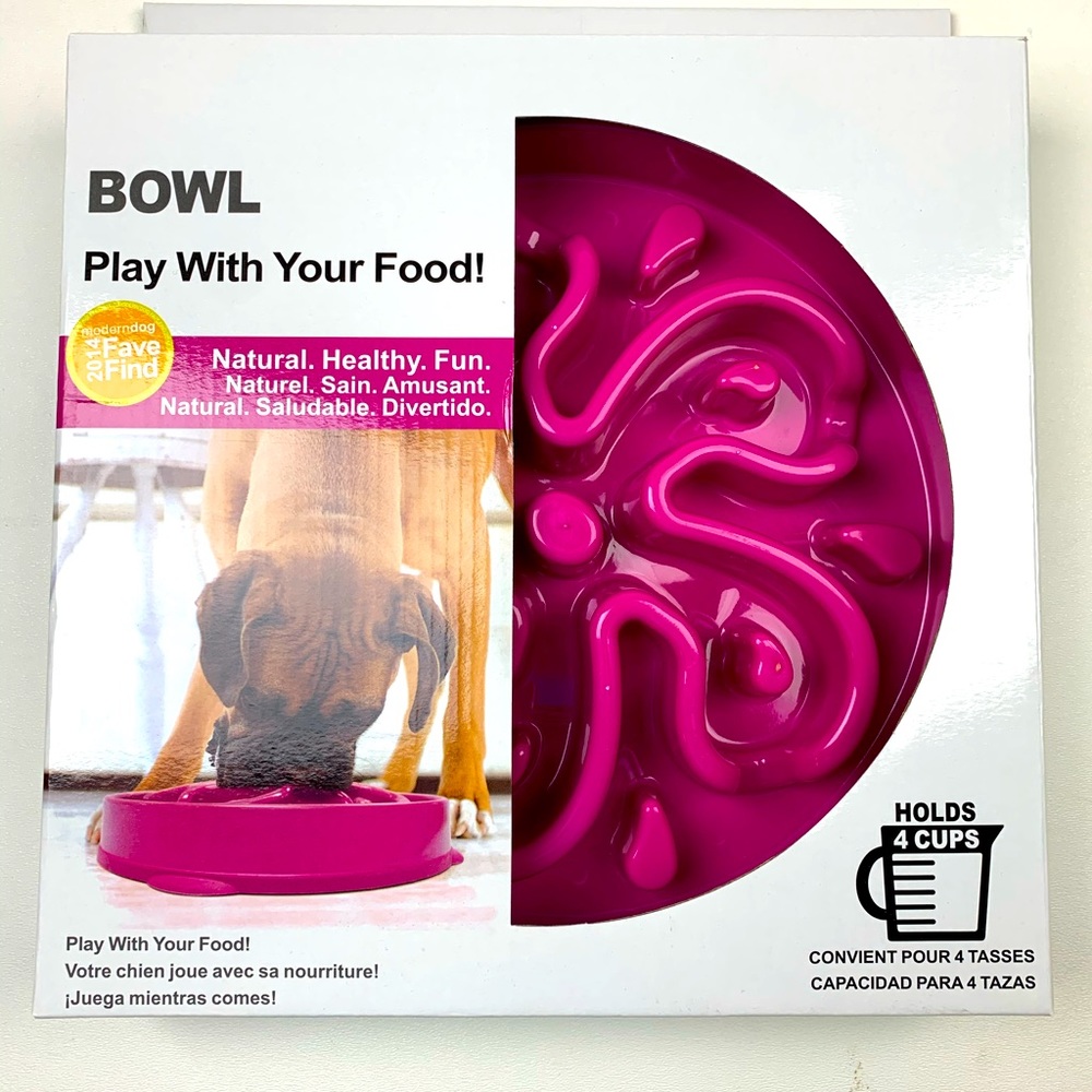 BOWL Slow Eating Bowl dish for M to L Dogs Size 4 cups magenta pink no box